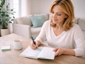 mujer anotando sus analisis de rutina
