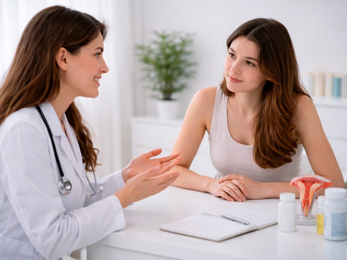 Médica explicandole a paciente sobre amenorrea hipotalamica funcional