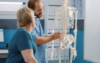 Médico hablando con la paciente y explicando el avance de la Osteoporosis, mediante un esqueleto anatómico.