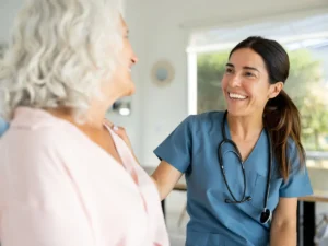 Una médica en Argentina brindando atención empática a una paciente, destacando el valor humano de la profesión el 3 de diciembre.