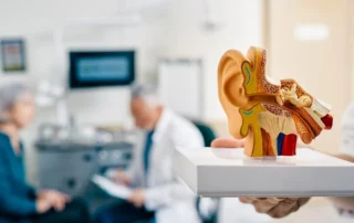 Modelo anatómico del oído humano utilizado para explicar cómo la contaminación sonora afecta el sistema auditivo y cardiovascular.