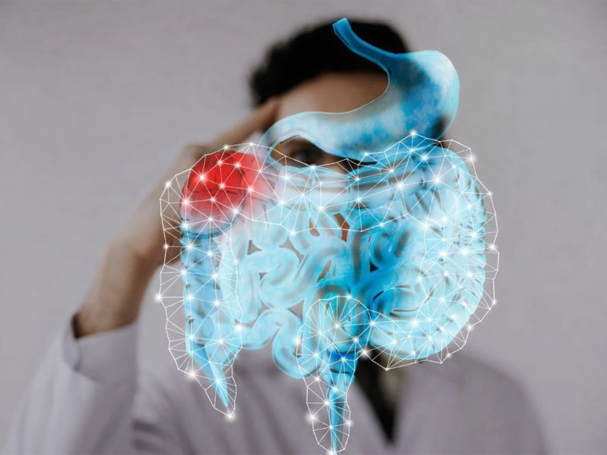 Médico analizando un gráfico digital del sistema digestivo para explicar la relación entre microbiota y salud mental.