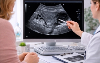 ecografía pélvica que muestra un mioma o quiste