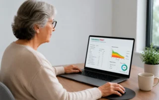 Mujer mayor revisando en su computadora el informe de la calculadora FRAX y su densitometría ósea.