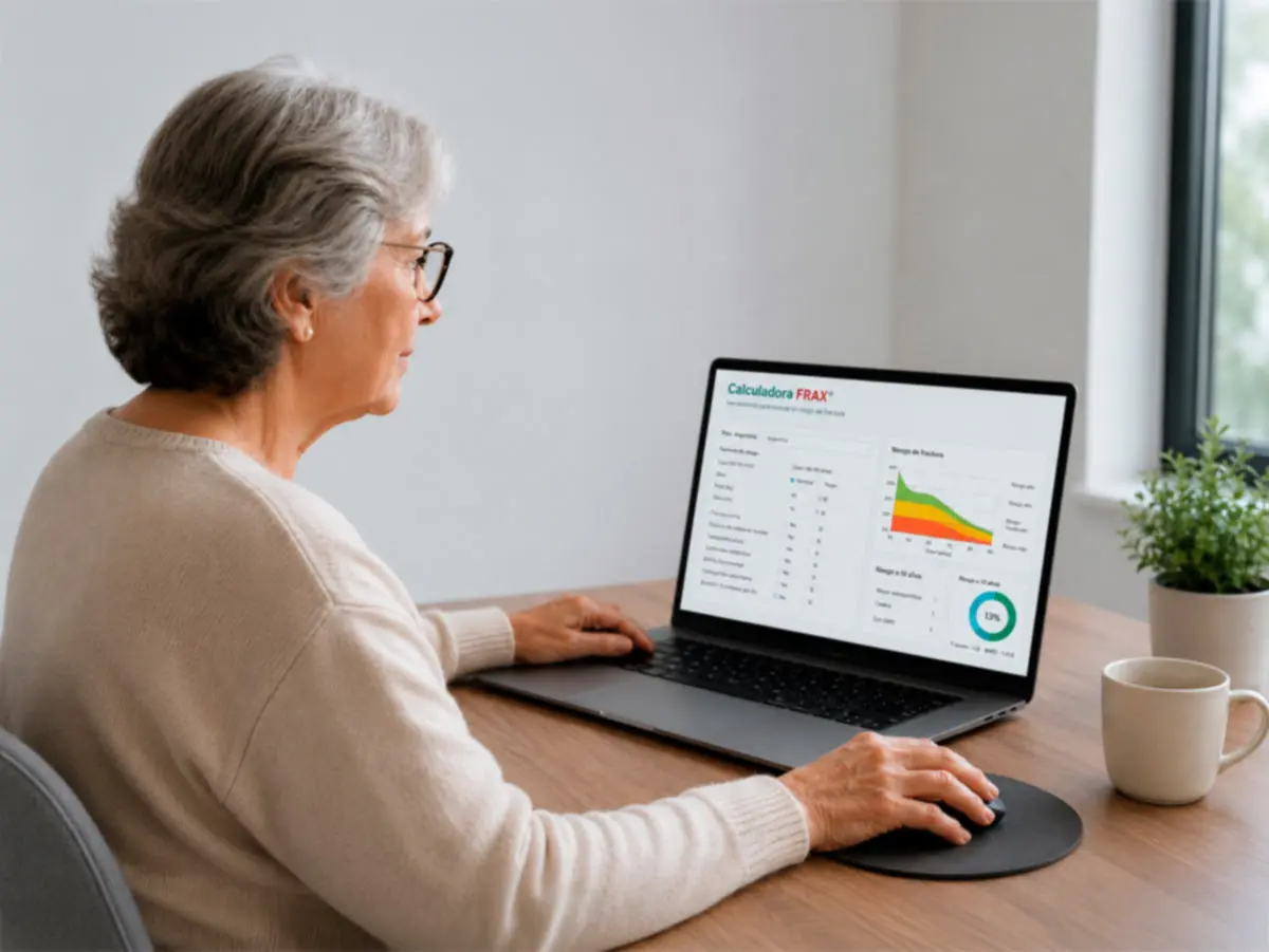 Mujer mayor revisando en su computadora el informe de la calculadora FRAX y su densitometría ósea.