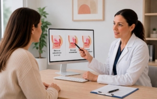 Medica especialista explicandole a paciente que significa el utero en retroversion